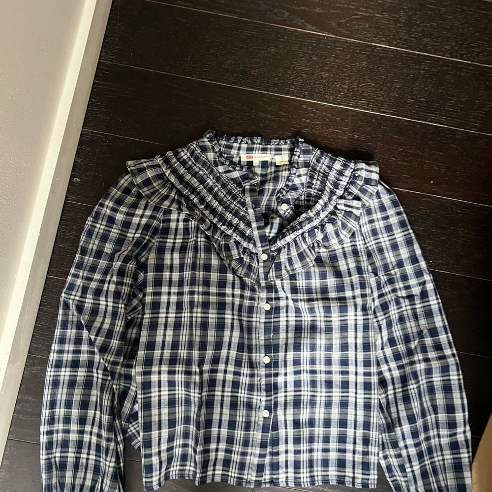 Navy Plaid Ruffle Collar Shirt